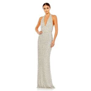 Mac Duggal Shimmering Silver Halter Maxi Dress